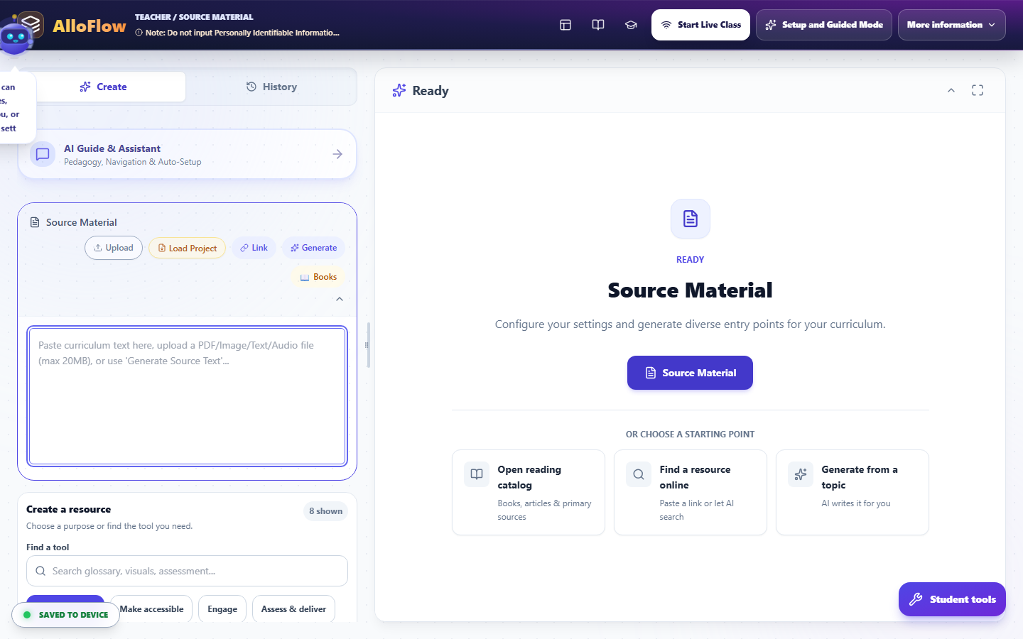 AlloFlow Source Material workspace with catalog, web-resource, and topic options