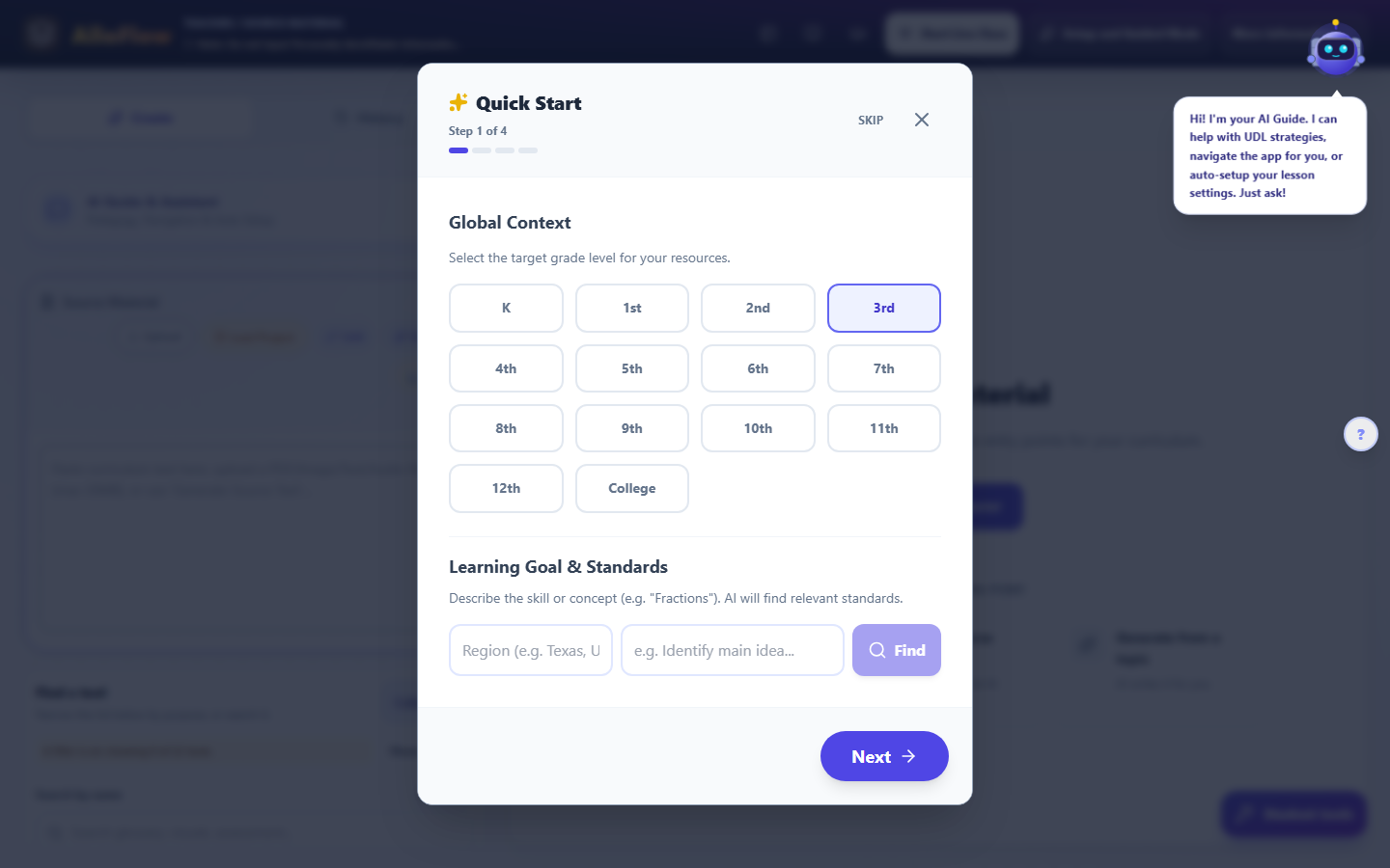 AlloFlow Quick Start with grade and learning-goal setup