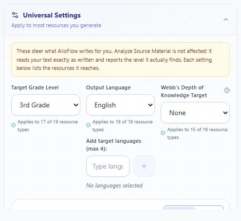 Universal Settings with grade level, output language, and per-setting coverage notes