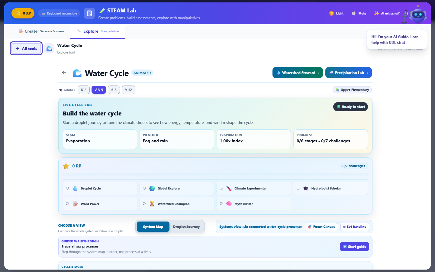 The Water Cycle tool opened directly from its own link, ready to use with no sign-in