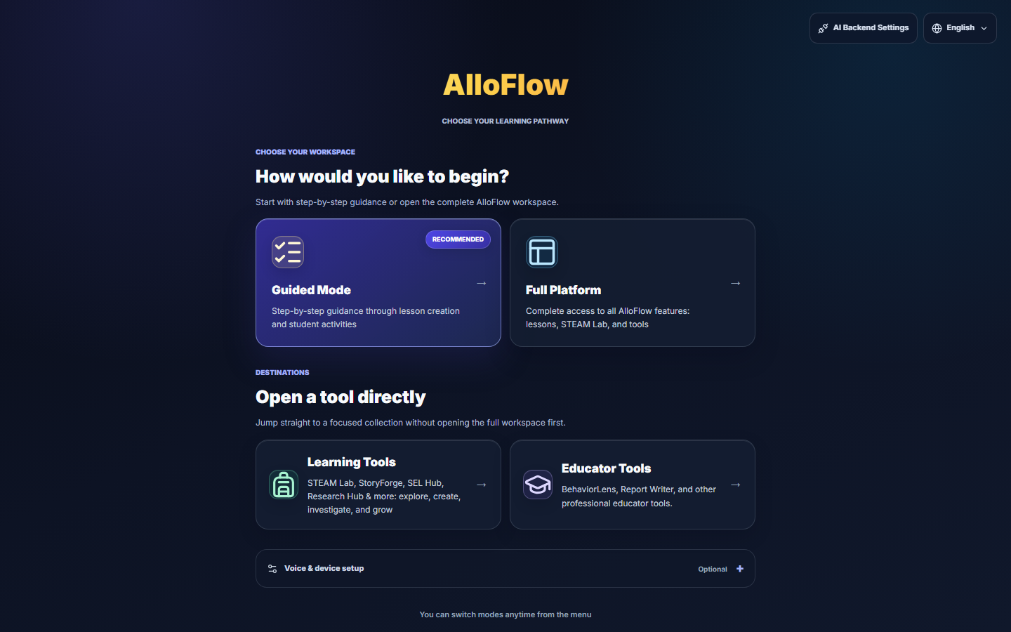 The AlloFlow Launch Pad, offering Guided Mode, Full Platform, Learning Tools, and Educator Tools