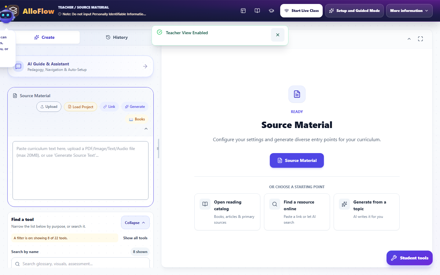 The full AlloFlow workspace: header strip, left settings and tool column, centre workspace, and the AlloBot panel