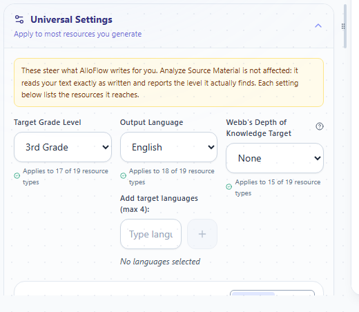 Universal Settings, showing AI Match and Manual modes and the per-setting coverage notes