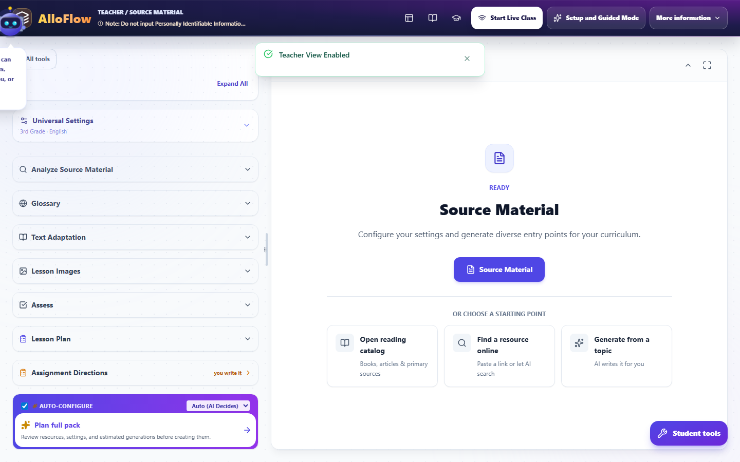 The Auto-Configure card at the foot of the tool list, with its size selector and the Plan full pack control