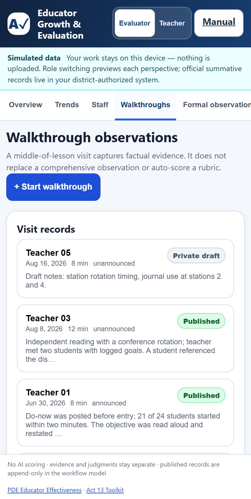 The workspace at phone width showing the Walkthroughs tab in a single column: a horizontally scrolling tab strip, a large Start walkthrough button, and stacked visit records badged Private draft and Published, each showing the educator, date, duration, and note.